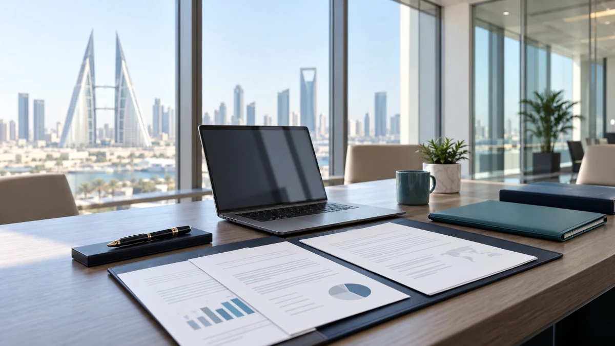 Executive workspace with a desk overlooking a city skyline